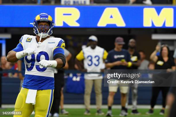 Efensive tackle Aaron Donald of the Los Angeles Rams warms up before the NFL game against the Buffalo Bills at SoFi Stadium on September 08, 2022 in...