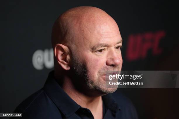 President Dana White is interviewed backstage after the UFC 279 press conference at MGM Grand Garden Arena on September 08, 2022 in Las Vegas, Nevada.