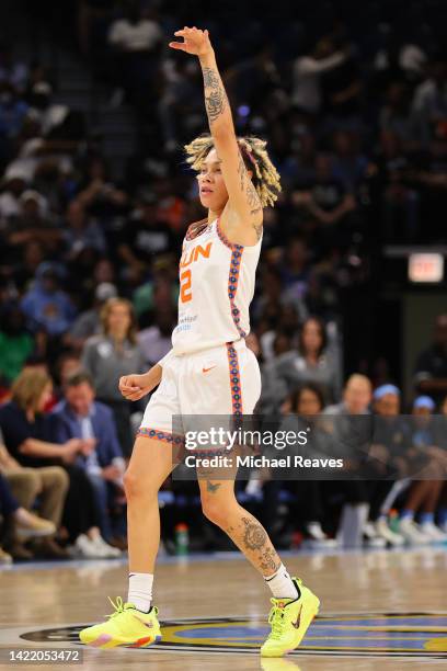 Natisha Hiedeman of the Connecticut Sun celebrates a three pointer against the Chicago Sky during the first half in Game Five of the 2022 WNBA...