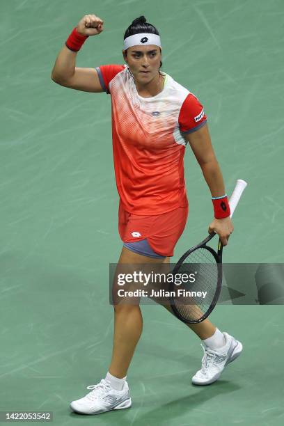 Ons Jabeur of Tunisia celebrates a point against Caroline Garcia of France during their Women’s Singles Semifinal match on Day Eleven of the 2022 US...