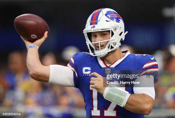 Quarterback Josh Allen of the Buffalo Bills warms up before the NFL game against the Los Angeles Rams at SoFi Stadium on September 08, 2022 in...