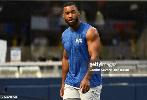 Linebacker Bobby Wagner of the Los Angeles Rams warms up before the NFL game against the Buffalo Bills at SoFi Stadium on September 08, 2022 in...