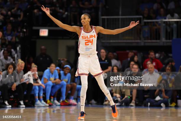 DeWanna Bonner of the Connecticut Sun celebrates a three pointer against the Chicago Sky during the first half in Game Five of the 2022 WNBA Playoffs...