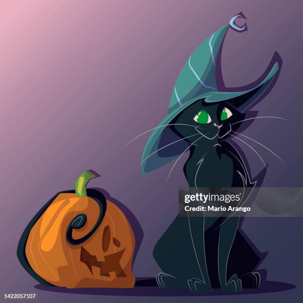 ilustraciones, imágenes clip art, dibujos animados e iconos de stock de ilustración de gato negro con sombrero de bruja de halloween con calabaza - ugly pumpkins