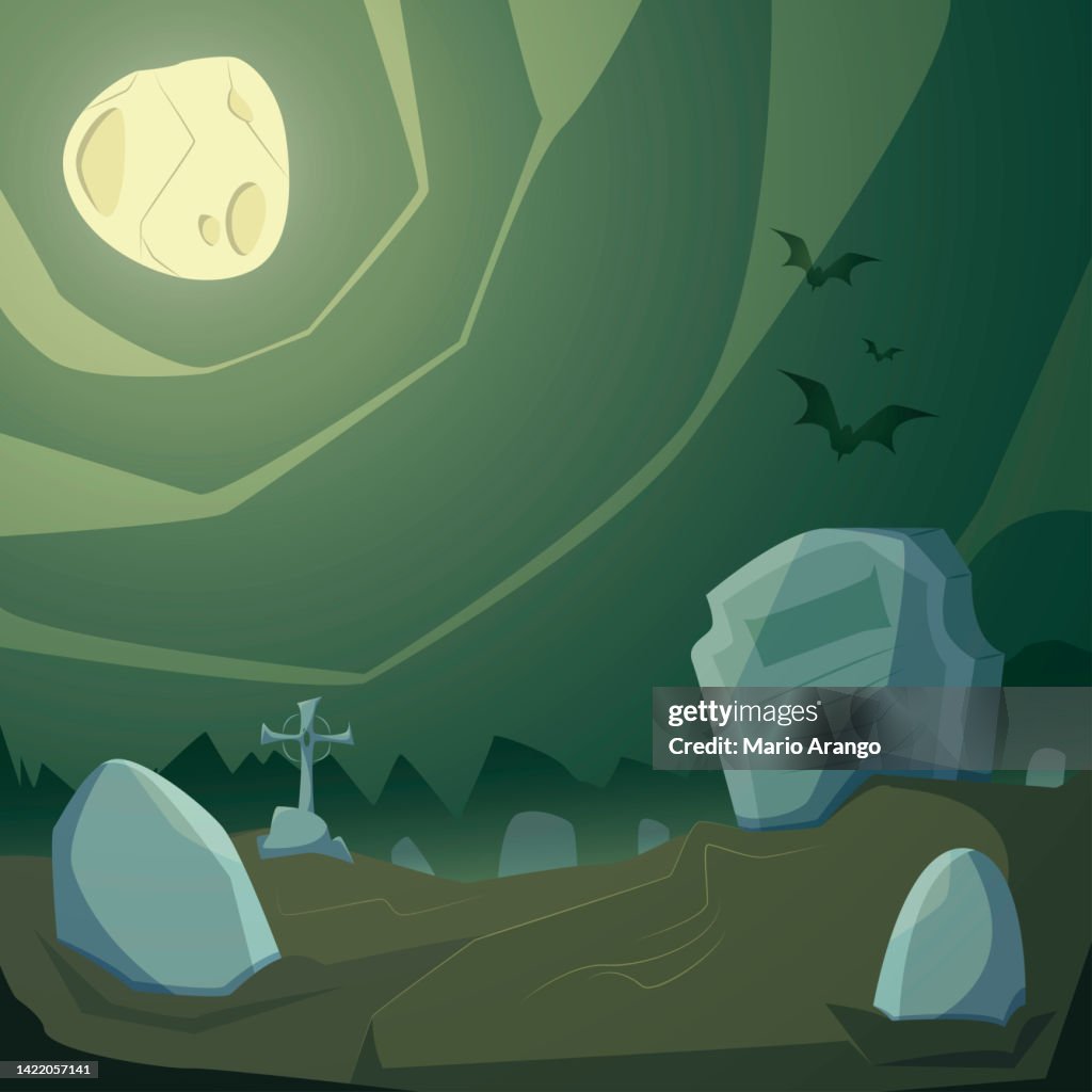 Graveyard illustration at halloween night with stones and tombstones