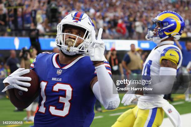 Wide receiver Gabe Davis of the Buffalo Bills celebrates after scoring on a 26-yard touchdown reception against the Los Angeles Rams during the first...