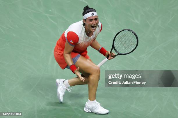Ons Jabeur of Tunisia celebrates after defeating Caroline Garcia of France during their Women’s Singles Semifinal match on Day Eleven of the 2022 US...