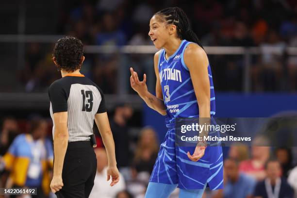 Candace Parker of the Chicago Sky argues with referee Cheryl Flores against the Connecticut Sun during the first half in Game Five of the 2022 WNBA...