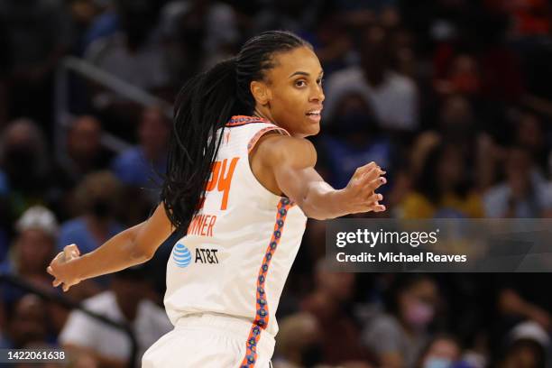 DeWanna Bonner of the Connecticut Sun celebrates a three pointer against the Chicago Sky during the first half in Game Five of the 2022 WNBA Playoffs...