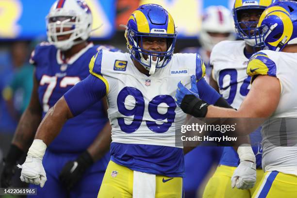 Defensive tackle Aaron Donald of the Los Angeles Rams reacts after a sack against the Buffalo Bills during the first quarter of the NFL game at SoFi...