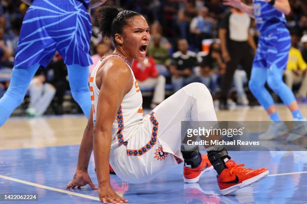 Alyssa Thomas of the Connecticut Sun celebrates a basket against the Chicago Sky during the first half in Game Five of the 2022 WNBA Playoffs...