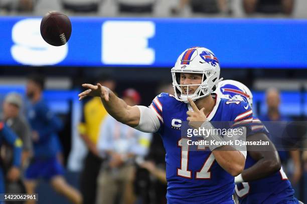 Quarterback Josh Allen of the Buffalo Bills throws a pass during the first quarter of the NFL game against the Los Angeles Rams at SoFi Stadium on...