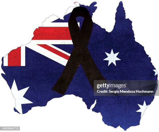 map with flag of australia with a texture with a black ribbon in mourning - union jack ribbon stock pictures, royalty-free photos & images