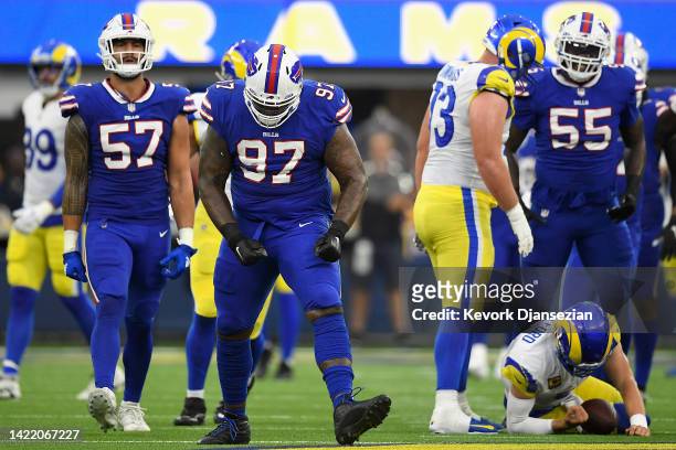 Defensive tackle Jordan Phillips of the Buffalo Bills reacts after a sack on quarterback Matthew Stafford of the Los Angeles Rams during the second...