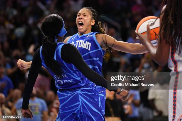 Candace Parker and Kahleah Copper of the Chicago Sky celebrate a basket against the Connecticut Sun during the second half in Game Five of the 2022...