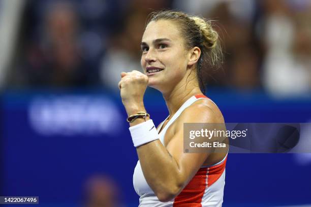 Aryna Sabalenka celebrates after winning the first set against Iga Swiatek of Poland during their Women’s Singles Semifinal match on Day Eleven of...