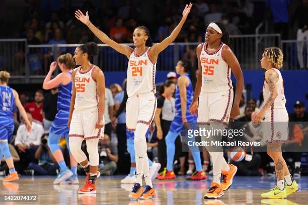 DeWanna Bonner of the Connecticut Sun celebrates against the Chicago Sky during the second half in Game Five of the 2022 WNBA Playoffs semifinals at...