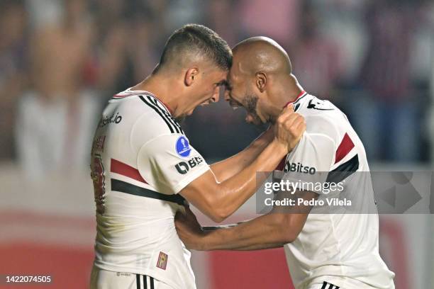 Patrick of Sao Paulo celebrates with teammates after scoring the second goal of his team during a Copa CONMEBOL Sudamericana 2022 second-leg...