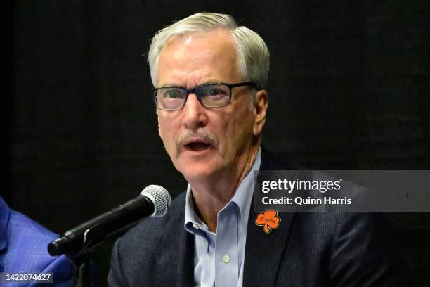 Chairman George H. McCaskey of the NFL Chicago Bears addresses a community meeting on a potential move of the team to the presently closed Arlington...