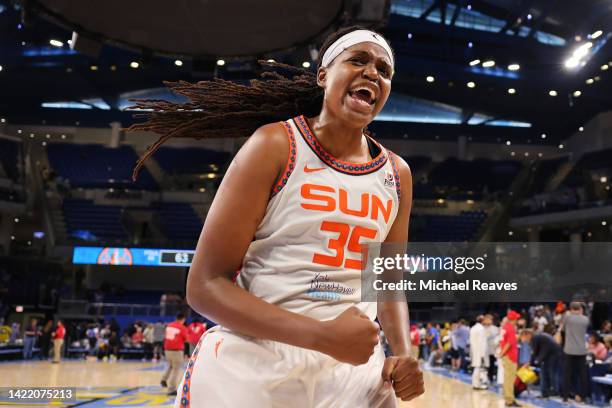 Jonquel Jones of the Connecticut Sun celebrates after defeating the Chicago Sky in Game Five of the 2022 WNBA Playoffs semifinals to advance to the...