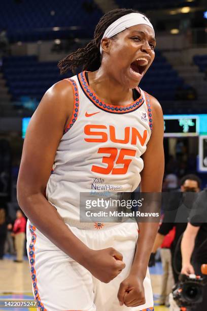 Jonquel Jones of the Connecticut Sun celebrates after defeating the Chicago Sky in Game Five of the 2022 WNBA Playoffs semifinals to advance to the...
