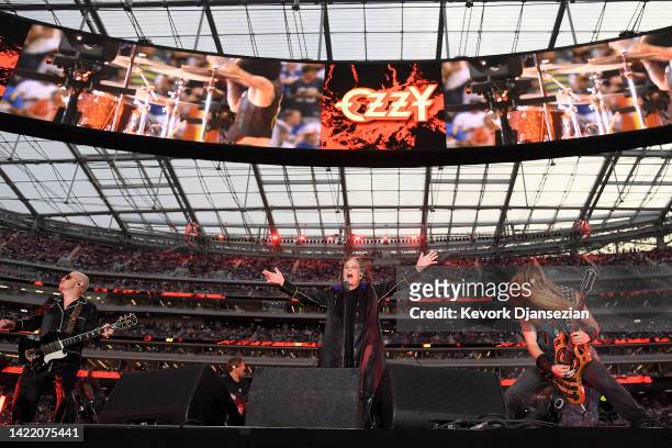 Musician Ozzy Osbourne performs during half-time of the NFL game between the Los Angeles Rams and the Buffalo Bills at SoFi Stadium on September 08,...