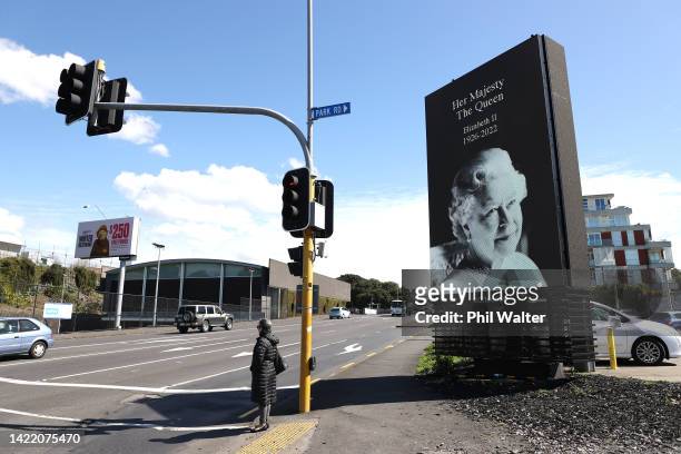 Billboard paying tribute to the life of Queen Elizabeth II is pictuerd on a inner city street corner on September 09, 2022 in Auckland, New Zealand....