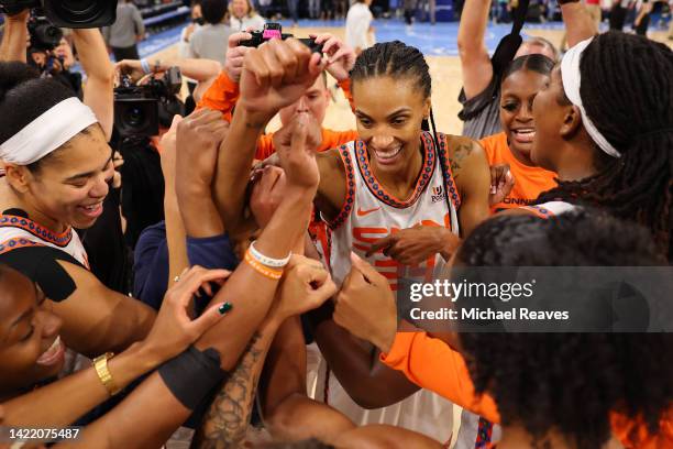 DeWanna Bonner of the Connecticut Sun celebrates with teammates after defeating the Chicago Sky 72-63 in Game Five of the 2022 WNBA Playoffs...