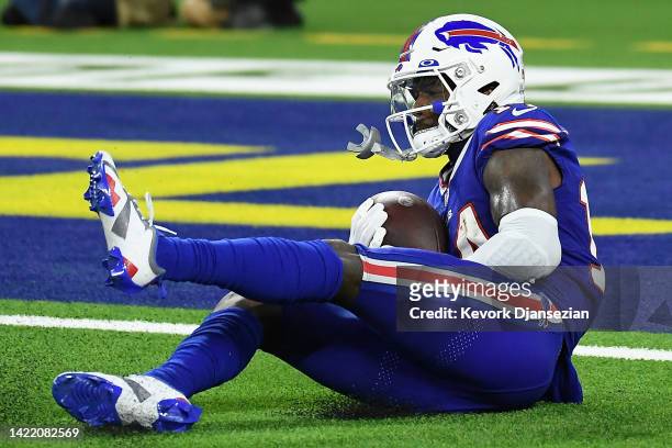 Wide receiver Stefon Diggs of the Buffalo Bills catches a 53-yard touchdown reception against the Los Angeles Rams during the fourth quarter of the...