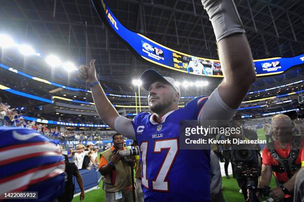 Quarterback Josh Allen of the Buffalo Bills reacts after defeating the Los Angeles Rams 31-10 in the NFL game at SoFi Stadium on September 08, 2022...