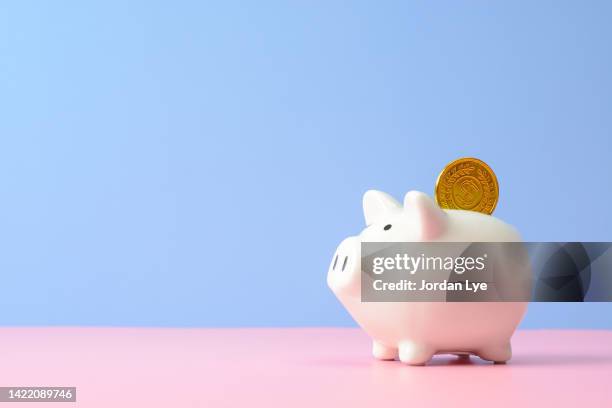 gold coin inside a piggy bank - spaarpot financieel item stockfoto's en -beelden