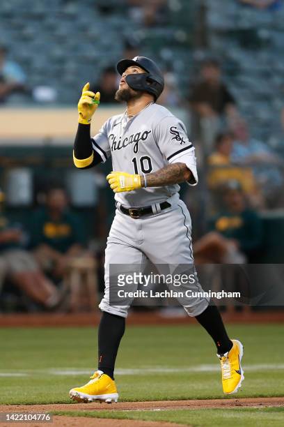 Yoan Moncada of the Chicago White Sox celebrates after hitting a three-run home run in the top of the second inning against the Oakland Athletics at...