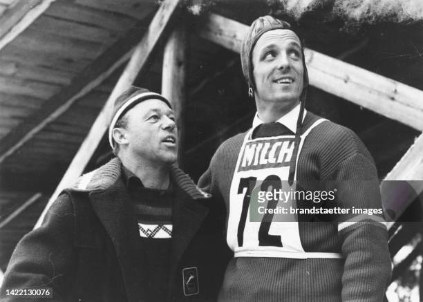 The Austrian ski jumpers Josef Bradl and Willy Egger at the Four Hills Tournament. Bischofshofen. 6 January 1962.
