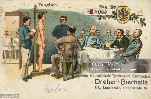 > Able-bodied - Greetings from the Assentlokale Restaurant Lembacher Dreher Bierhalle III., Landstraße, Hauptstraße 97 <. 1904. Color lithograph....