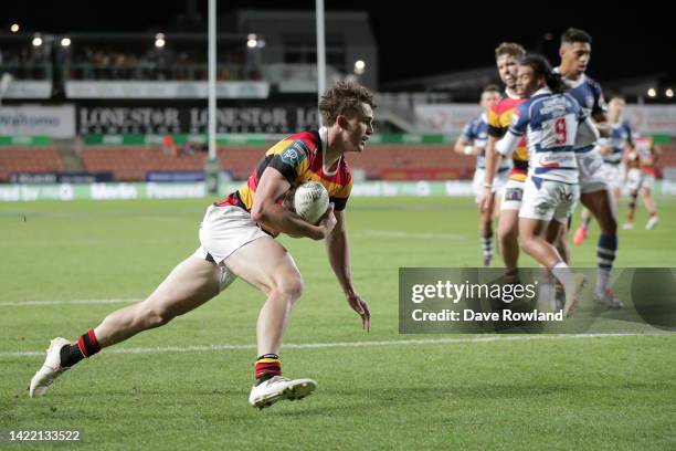 Daniel Sinkinson of Waikato runs home a try during the round six Bunnings NPC match between Waikato and Auckland at FMG Stadium, on September 09 in...