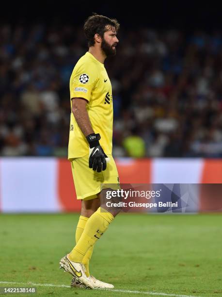 Allison Becker of Liverpool FC looks on during the UEFA Champions League group A match between SSC Napoli and Liverpool FC at Stadio Diego Armando...