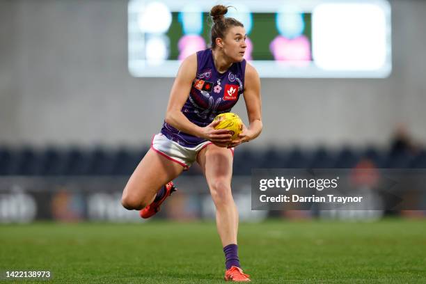 Emma O'Driscoll of Fremantle gathers the ball during the round three AFLW match between the Western Bulldogs and the Fremantle Dockers at Ikon Park...