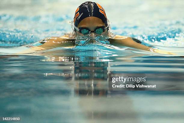 Micah Lawrence swims in the women's 100 meter breaststroke finals during day three of the Indy Grand Prix @ the Nat at the Indiana University...