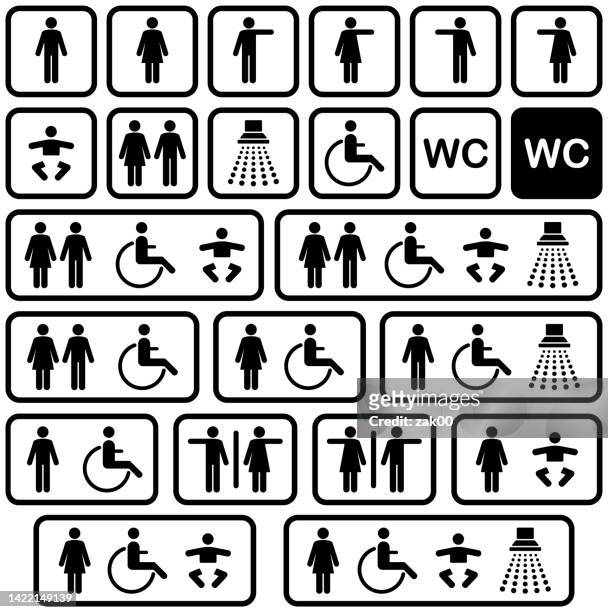 stockillustraties, clipart, cartoons en iconen met restroom signs and toilet icons - gehandicaptenparkeerplaats