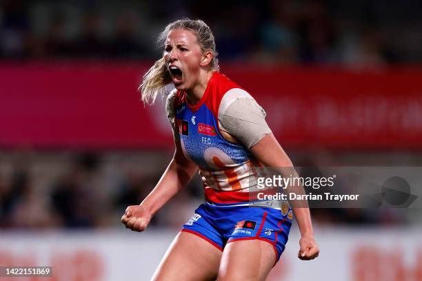 Gabby Newton of the Western Bulldogs celebrates a goal during the round three AFLW match between the Western Bulldogs and the Fremantle Dockers at...