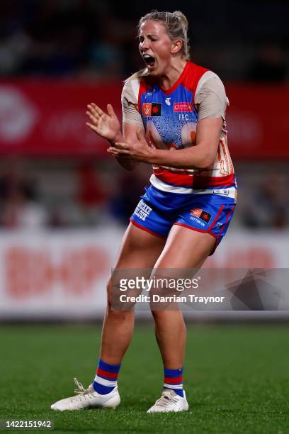Gabby Newton of the Western Bulldogs celebrates a goal during the round three AFLW match between the Western Bulldogs and the Fremantle Dockers at...