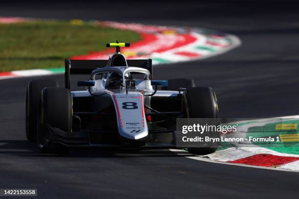 Juri Vips of Estonia and Hitech Grand Prix drives on track during practice ahead of Round 13:Monza of the Formula 2 Championship at Autodromo...