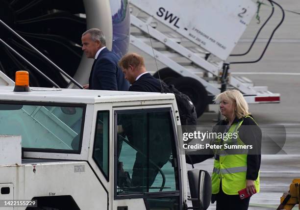 Prince Harry, Duke of Sussex boards a flight at Aberdeen Airport on September 9, 2022 in Aberdeen, United Kingdom. Elizabeth Alexandra Mary Windsor...