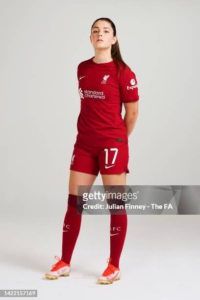 Carla Humphrey of Liverpool poses during the Barclays WSL Launch Portraits 2022/2023 on August 24, 2022 in London, England.