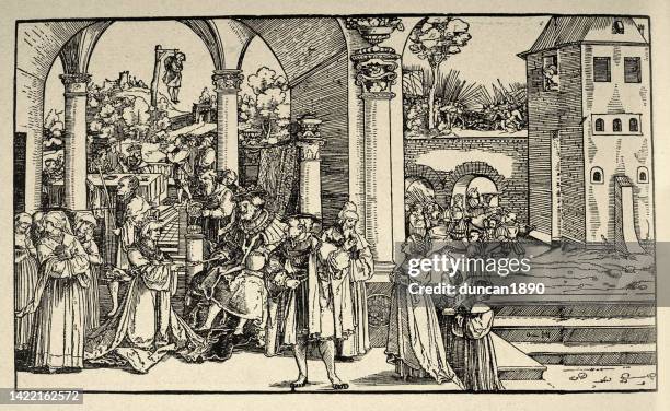 stockillustraties, clipart, cartoons en iconen met woodcut showing history of esther by hans leonhard schäufelein - hanging gallows