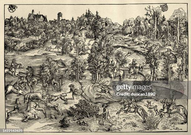 die hirschjagd, medieval deer hunt, hunters with dogs, spears, crossbows bringing down a stag - hunt dog painting stock illustrations