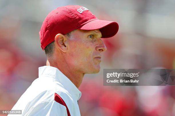 Head coach Brent Venables of the Oklahoma Sooners walks onto the field before a game against the UTEP Miners at Gaylord Family Oklahoma Memorial...