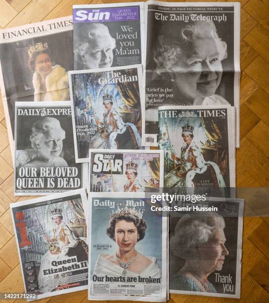 The national newspapers are seen the morning after the death of Queen Elizabeth II on September 09, 2022 in London, England. Elizabeth Alexandra Mary...