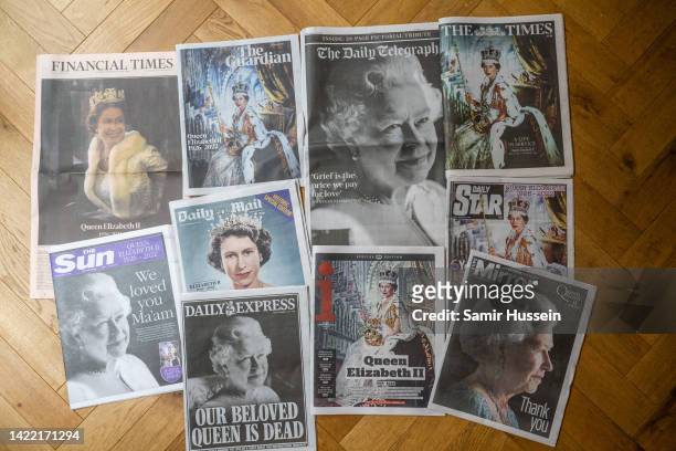The national newspapers are seen the morning after the death of Queen Elizabeth II on September 09, 2022 in London, England. Elizabeth Alexandra Mary...