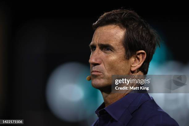 Channel 9 commentator and former player Andrew Johns looks on before the NRL Qualifying Final match between the Penrith Panthers and the Parramatta...